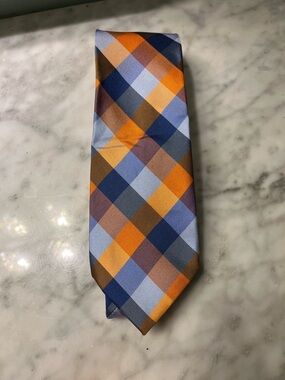 Tommy Hilfiger Orange, Light Blue & Navy Plaid Silk Tie